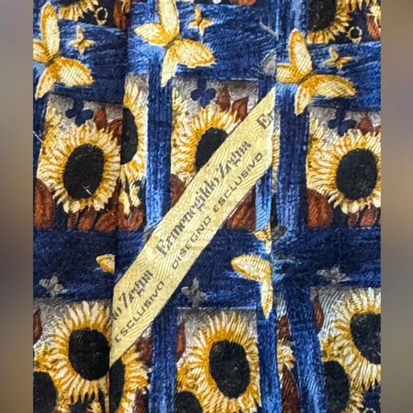 Ermenegildo Zegna 100% Silk Necktie –Sunflower and Butterfly Pattern on Navy 🇮🇹 - Picture 6 of 6